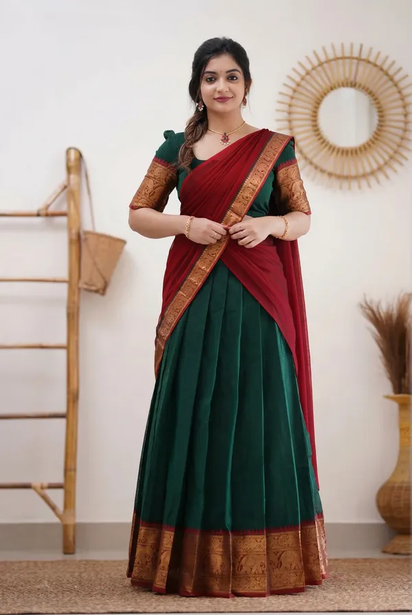 green__And_red__Kanjivaram_silk_Half_Lehenga_Saree_With_Blouse_And_Dupatta_For_Women