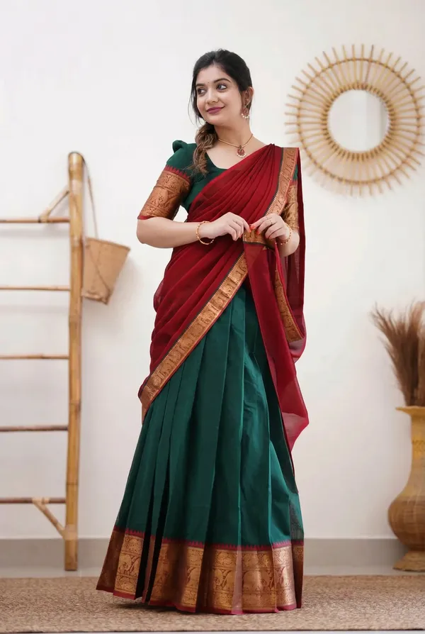 green__And_red__Kanjivaram_silk_Half_Lehenga_Saree_With_Blouse_And_Dupatta_For_Women