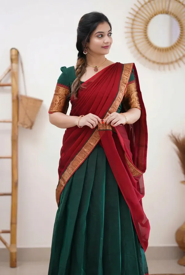 green__And_red__Kanjivaram_silk_Half_Lehenga_Saree_With_Blouse_And_Dupatta_For_Women