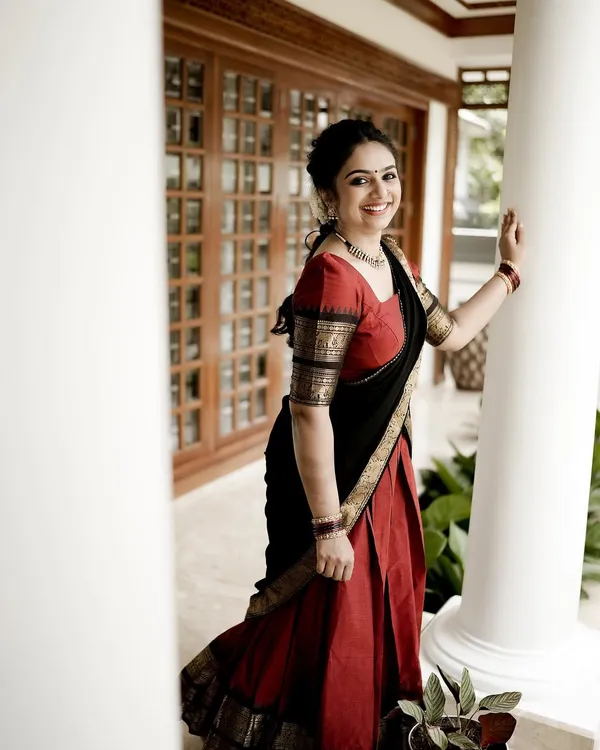Red__And_Black__Kanjivaram_silk_Half_Lehenga_Saree_With_Blouse_And_Dupatta_For_Women