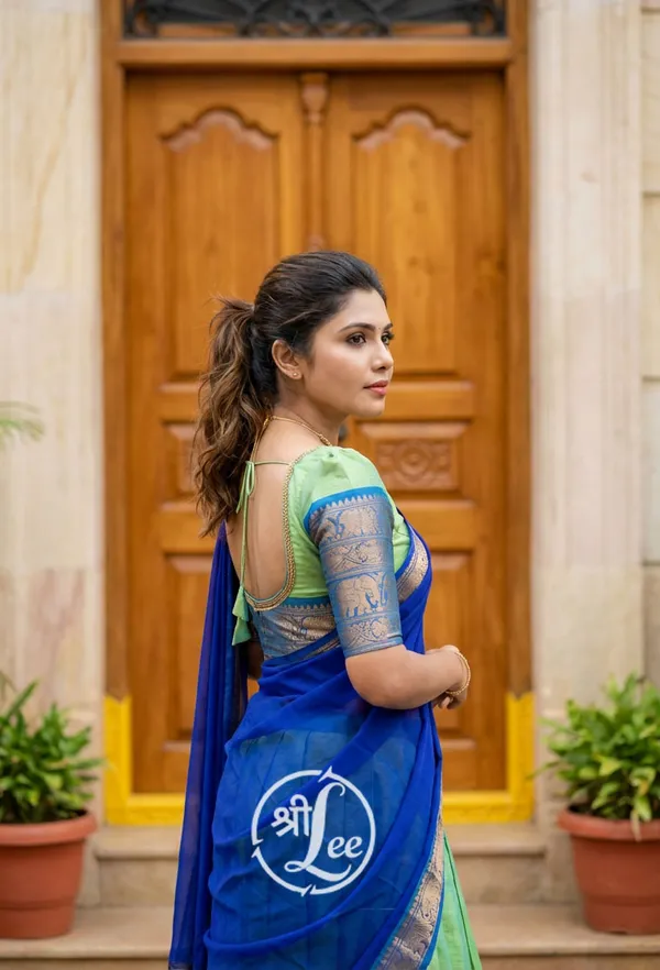 rama__And_firozi__Kanjivaram_silk_Half_Lehenga_Saree_With_Blouse_And_Dupatta_For_Women