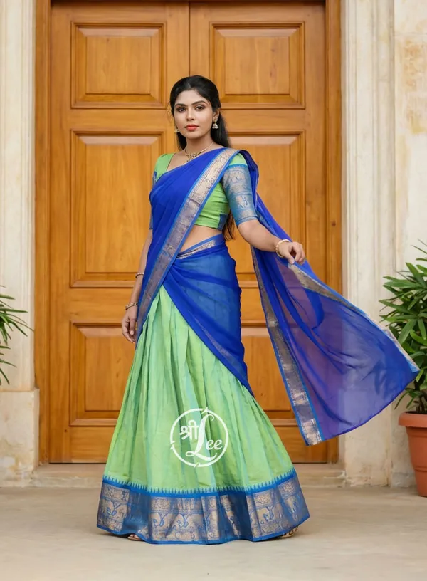 rama__And_firozi__Kanjivaram_silk_Half_Lehenga_Saree_With_Blouse_And_Dupatta_For_Women