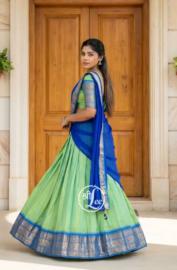 rama__And_firozi__Kanjivaram_silk_Half_Lehenga_Saree_With_Blouse_And_Dupatta_For_Women