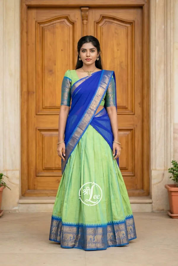 rama__And_firozi__Kanjivaram_silk_Half_Lehenga_Saree_With_Blouse_And_Dupatta_For_Women