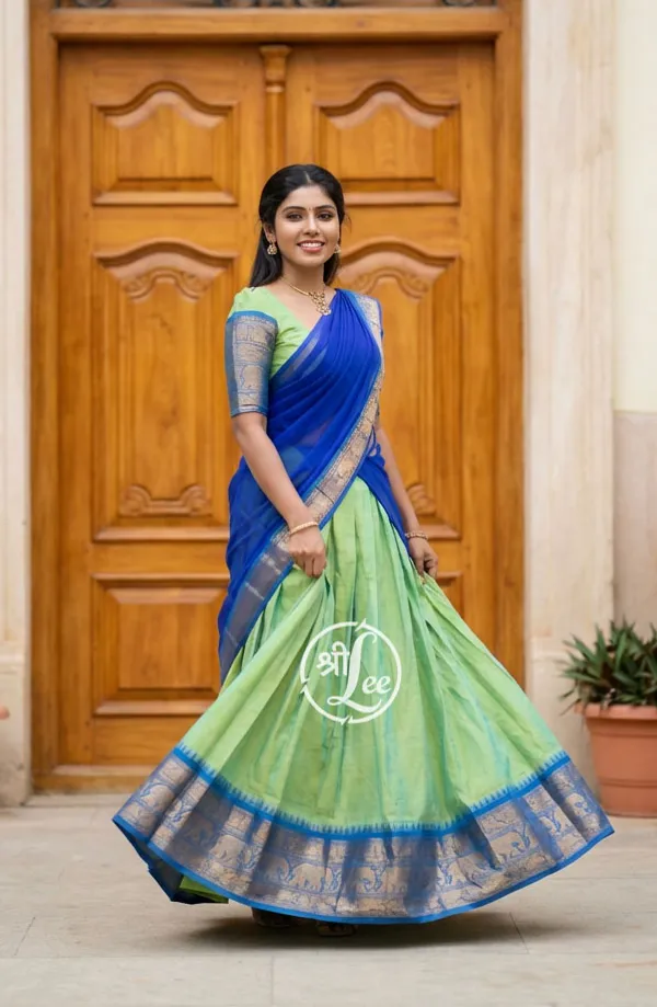 rama__And_firozi__Kanjivaram_silk_Half_Lehenga_Saree_With_Blouse_And_Dupatta_For_Women