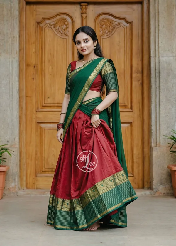 red_and_green__Kanjivaram_silk_Half_Lehenga_Saree_With_Blouse_And_Dupatta_For_Women