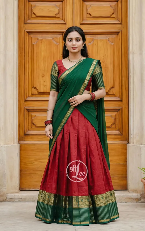 red_and_green__Kanjivaram_silk_Half_Lehenga_Saree_With_Blouse_And_Dupatta_For_Women