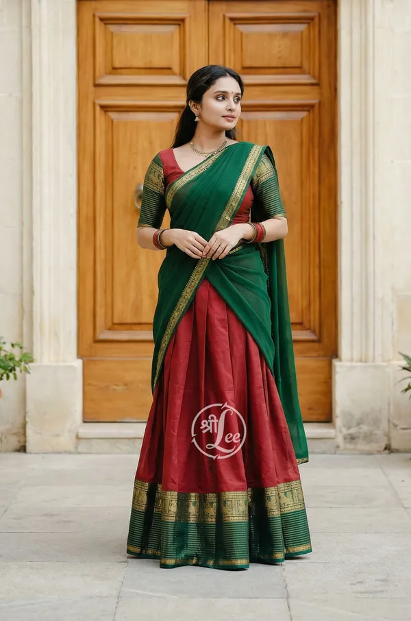 red_and_green__Kanjivaram_silk_Half_Lehenga_Saree_With_Blouse_And_Dupatta_For_Women