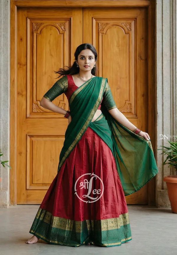 red_and_green__Kanjivaram_silk_Half_Lehenga_Saree_With_Blouse_And_Dupatta_For_Women