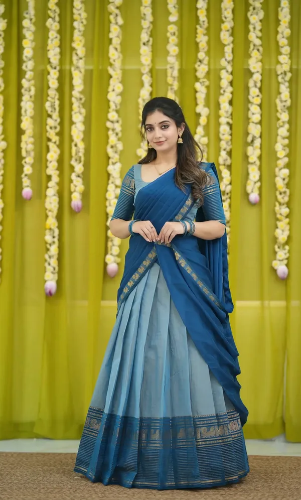 sky_firozi__Kanjivaram_silk_Half_Lehenga_Saree_With_Blouse_And_Dupatta_For_Women