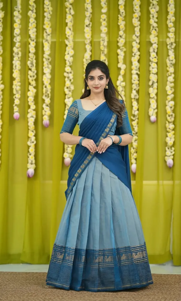 sky_firozi__Kanjivaram_silk_Half_Lehenga_Saree_With_Blouse_And_Dupatta_For_Women