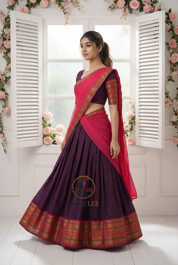 Violant_And_Gajari__Kanjivaram_silk__Half_Lehenga_Saree_With_Blouse_And_Dupatta_For_Women