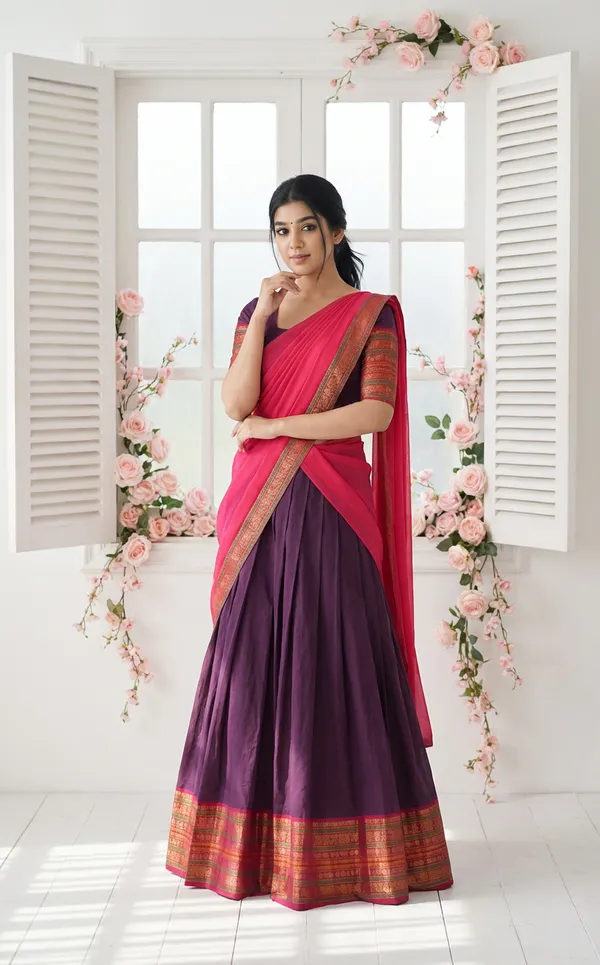 Violant_And_Gajari__Kanjivaram_silk__Half_Lehenga_Saree_With_Blouse_And_Dupatta_For_Women