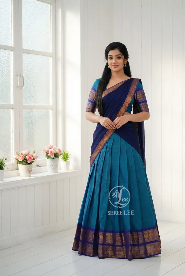Firozi_And_Blue__Kanjivaram_silk__Half_Lehenga_Saree_With_Blouse_And_Dupatta_For_Women