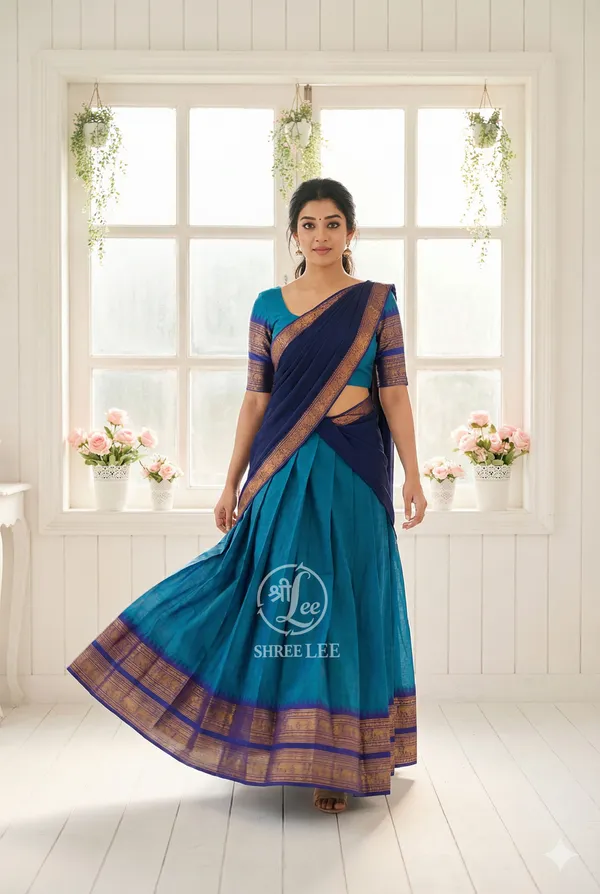 Firozi_And_Blue__Kanjivaram_silk__Half_Lehenga_Saree_With_Blouse_And_Dupatta_For_Women