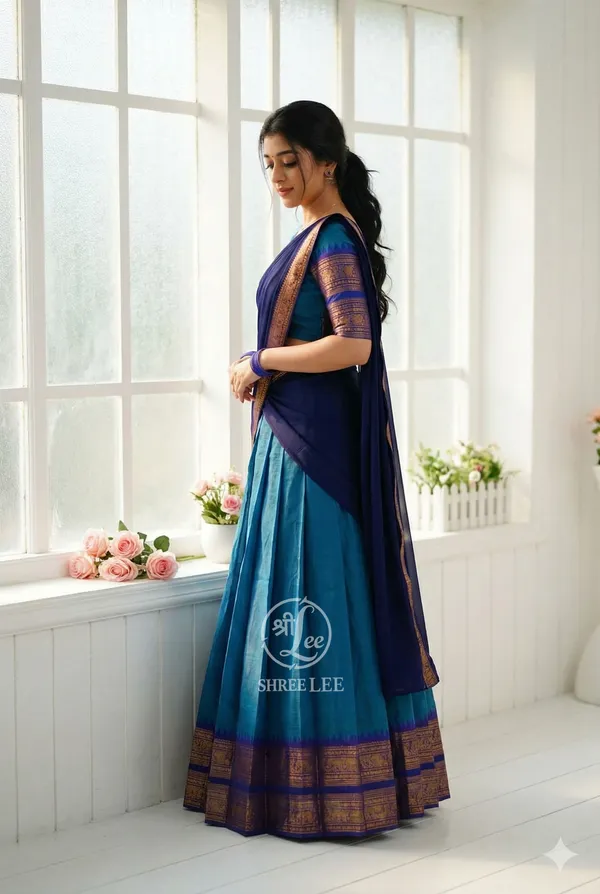 Firozi_And_Blue__Kanjivaram_silk__Half_Lehenga_Saree_With_Blouse_And_Dupatta_For_Women