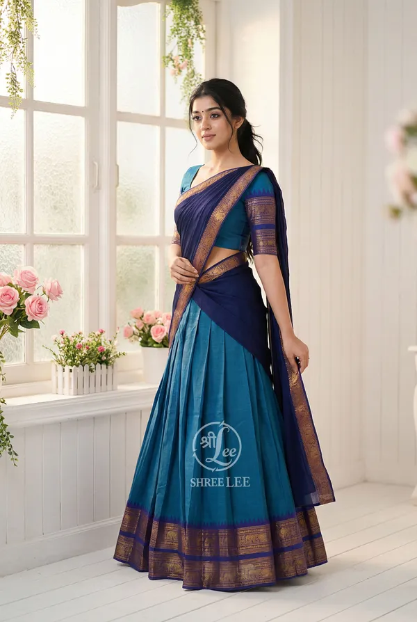 Firozi_And_Blue__Kanjivaram_silk__Half_Lehenga_Saree_With_Blouse_And_Dupatta_For_Women