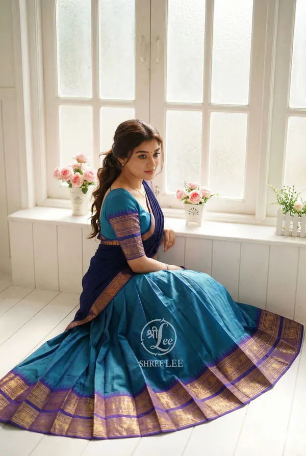 Firozi_And_Blue__Kanjivaram_silk__Half_Lehenga_Saree_With_Blouse_And_Dupatta_For_Women