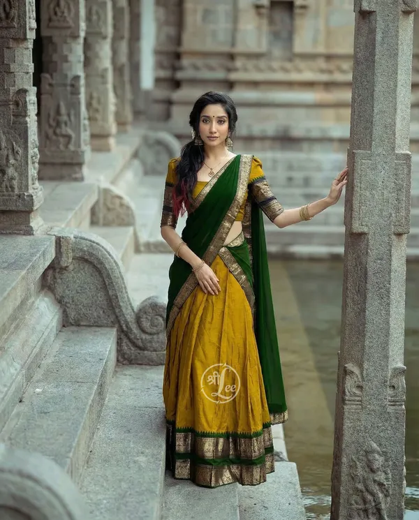 yellow_And_green__Kanjivaram_silk__Half_Lehenga_Saree_With_Blouse_And_Dupatta_For_Women