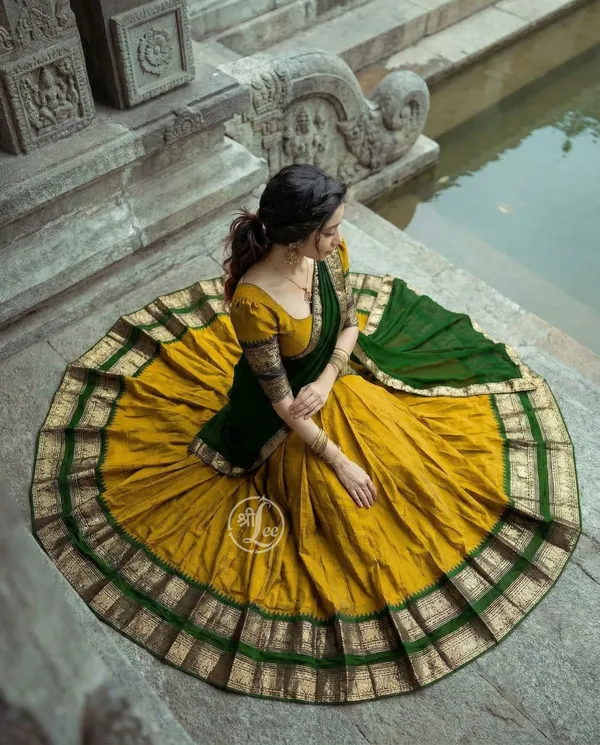 yellow_And_green__Kanjivaram_silk__Half_Lehenga_Saree_With_Blouse_And_Dupatta_For_Women
