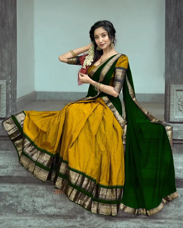 yellow_And_green__Kanjivaram_silk__Half_Lehenga_Saree_With_Blouse_And_Dupatta_For_Women