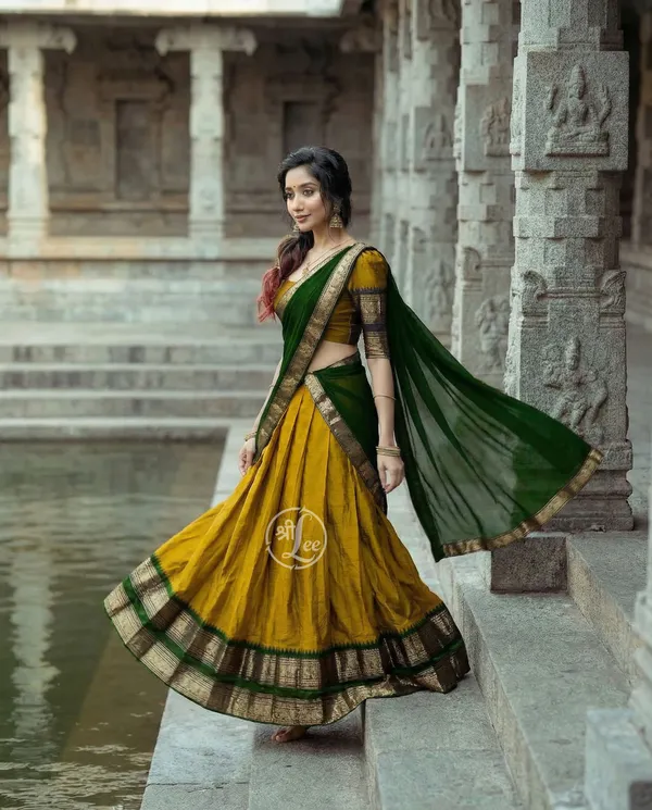 yellow_And_green__Kanjivaram_silk__Half_Lehenga_Saree_With_Blouse_And_Dupatta_For_Women
