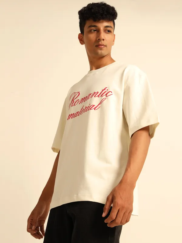 Cream_Romantic_Printed_Cotton_T-Shirt_For_Unisex