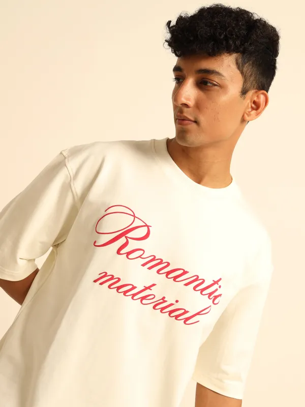 Cream_Romantic_Printed_Cotton_T-Shirt_For_Unisex