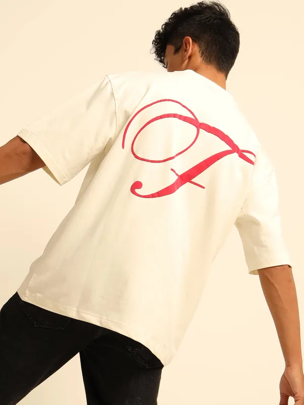 Cream_Romantic_Printed_Cotton_T-Shirt_For_Unisex