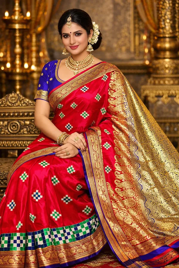 Red_Banarasi_Embroidery_Work_Saree_For_Women
