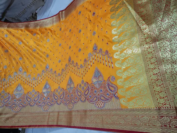 Mustard_Yellow_Banarasi_Silk_Embroidery_Work_Saree_For_Women