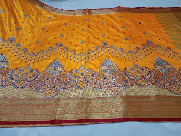 Mustard_Yellow_Banarasi_Silk_Embroidery_Work_Saree_For_Women