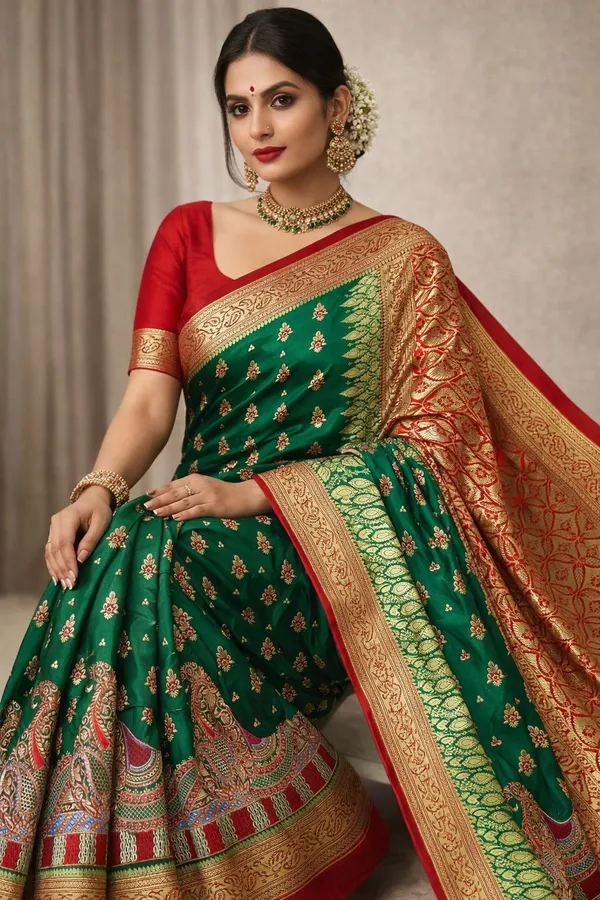 Bottle_Green_Silk_Blend_Embroidery_Work_Saree_For_Women