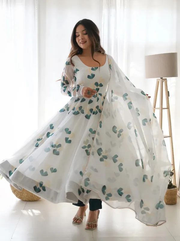 White_Organza_Printed_Anarkali_Gown_With_Pant_&_Dupatta_Set_For_Women