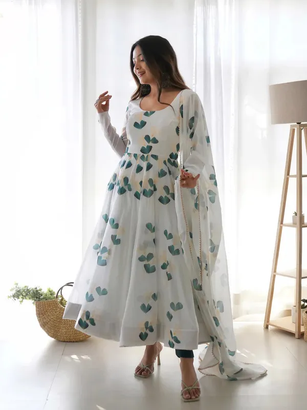 White_Organza_Printed_Anarkali_Gown_With_Pant_&_Dupatta_Set_For_Women