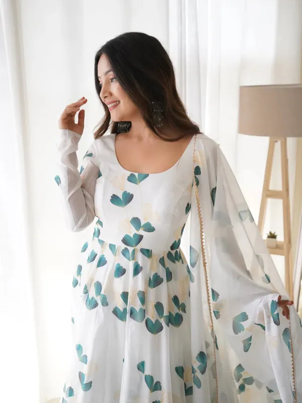 White_Organza_Printed_Anarkali_Gown_With_Pant_&_Dupatta_Set_For_Women