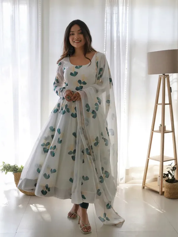 White_Organza_Printed_Anarkali_Gown_With_Pant_&_Dupatta_Set_For_Women