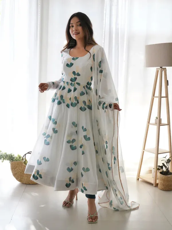 White_Organza_Printed_Anarkali_Gown_With_Pant_&_Dupatta_Set_For_Women