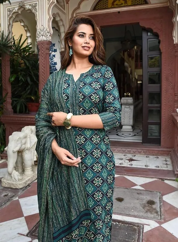 Green_Teal_Ikat_Block_Print_Kurta_Sets_For_Women