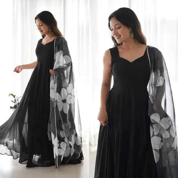 Black_Soft_Georgette_Anarkali_Gown_With_Floral_Printed_Dupatta_For_Women