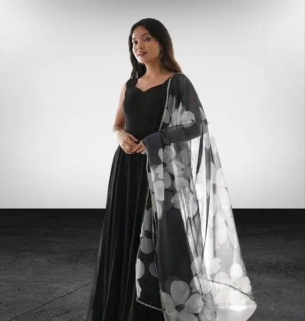 Black_Soft_Georgette_Anarkali_Gown_With_Floral_Printed_Dupatta_For_Women