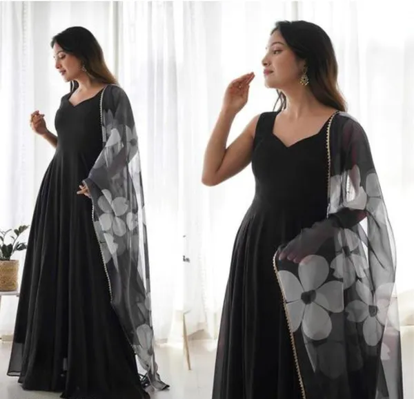 Black_Soft_Georgette_Anarkali_Gown_With_Floral_Printed_Dupatta_For_Women