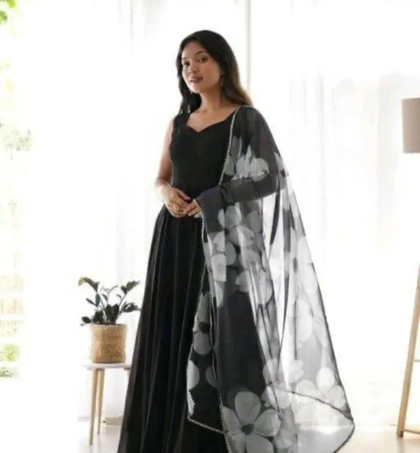 Black_Soft_Georgette_Anarkali_Gown_With_Floral_Printed_Dupatta_For_Women