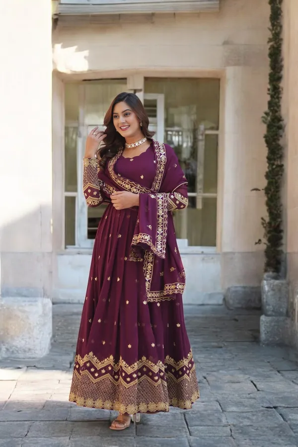 Wine_Heavy_Embroidery_&_Sequience_Work_Georgette_Gown_With_Dupatta_Stitched_For_Women
