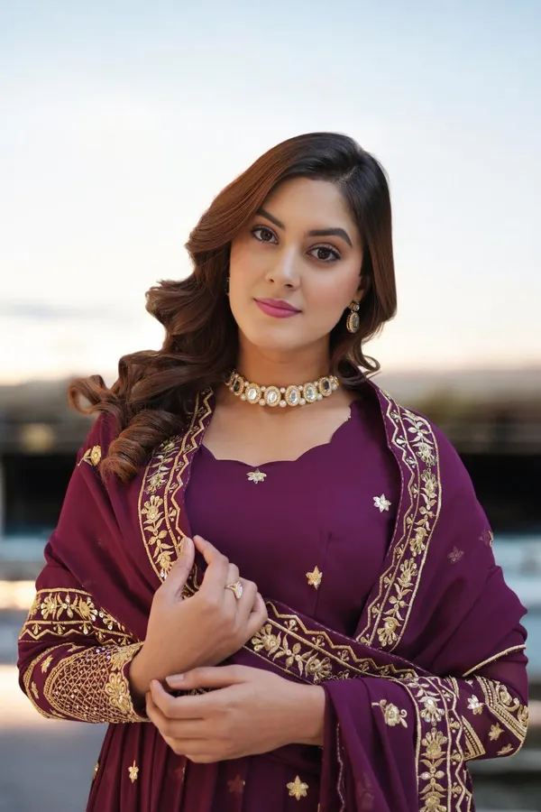 Wine_Heavy_Embroidery_&_Sequience_Work_Georgette_Gown_With_Dupatta_Stitched_For_Women