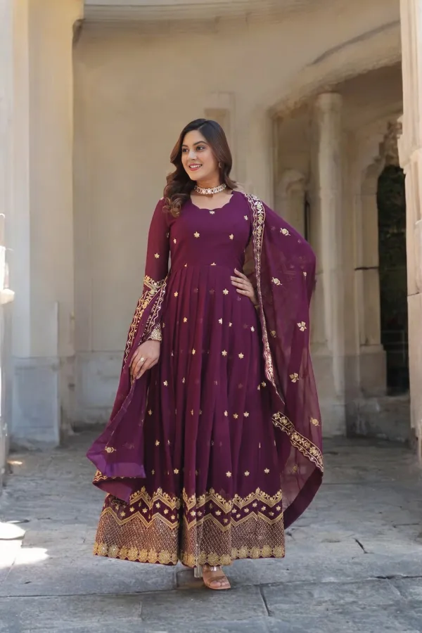 Wine_Heavy_Embroidery_&_Sequience_Work_Georgette_Gown_With_Dupatta_Stitched_For_Women