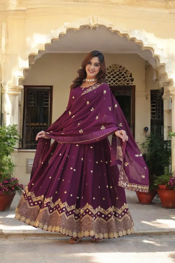 Wine_Heavy_Embroidery_&_Sequience_Work_Georgette_Gown_With_Dupatta_Stitched_For_Women