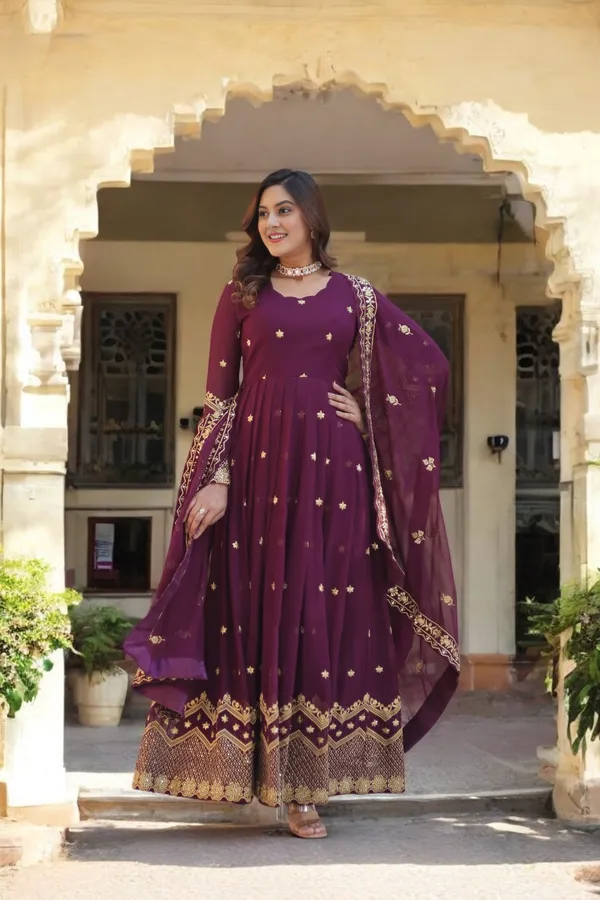 Wine_Heavy_Embroidery_&_Sequience_Work_Georgette_Gown_With_Dupatta_Stitched_For_Women
