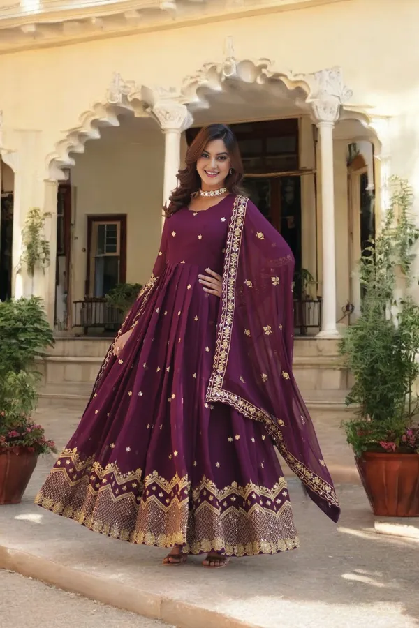 Wine_Heavy_Embroidery_&_Sequience_Work_Georgette_Gown_With_Dupatta_Stitched_For_Women