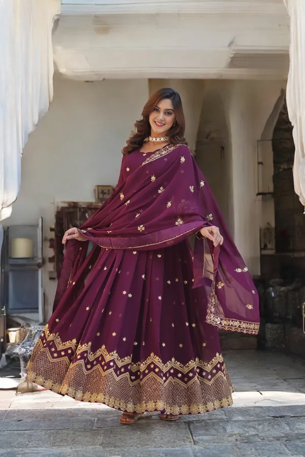 Wine_Heavy_Embroidery_&_Sequience_Work_Georgette_Gown_With_Dupatta_Stitched_For_Women